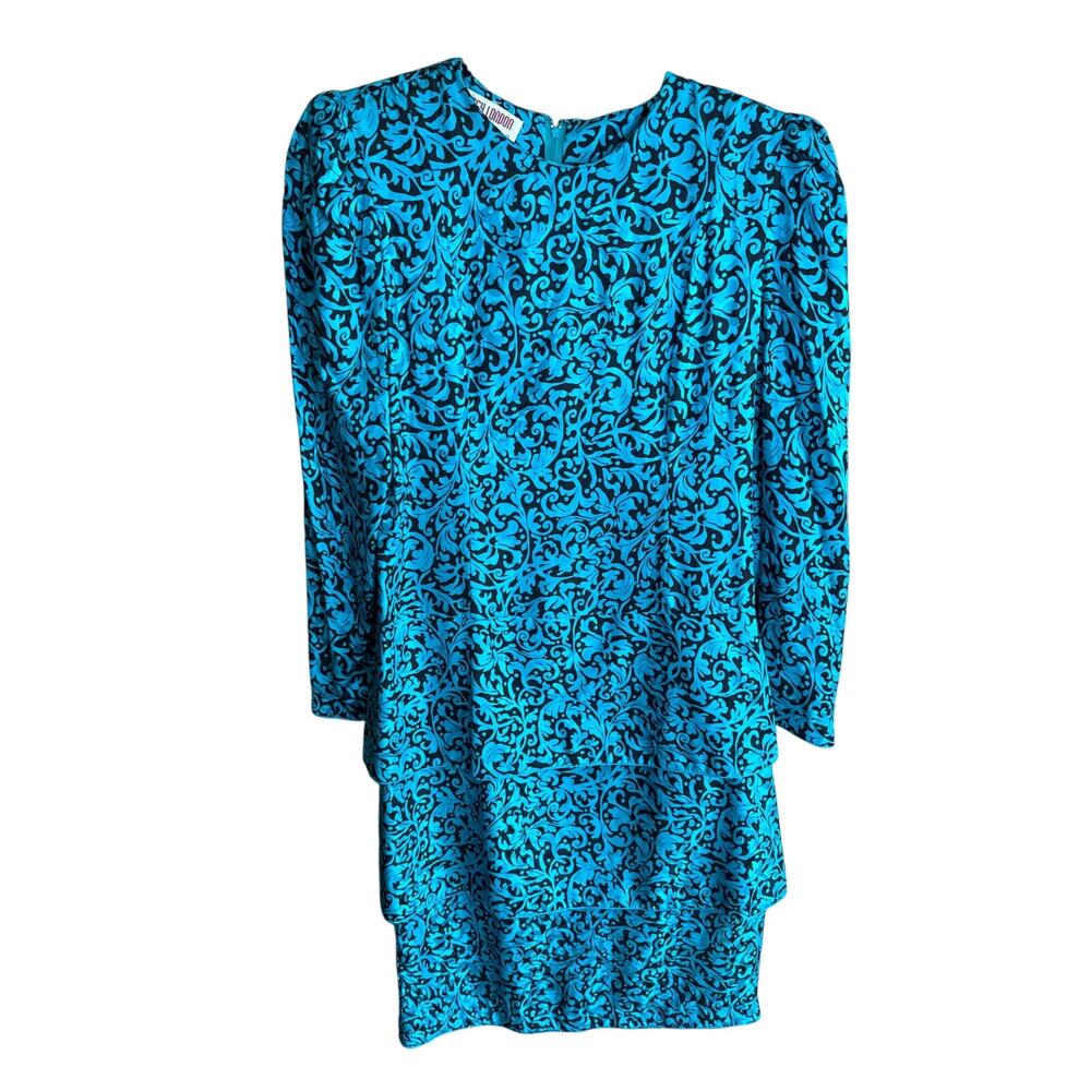 Vintage Maggy London Jeannene Booher Baroque Tiered Silk Dress Blue Black Size 6